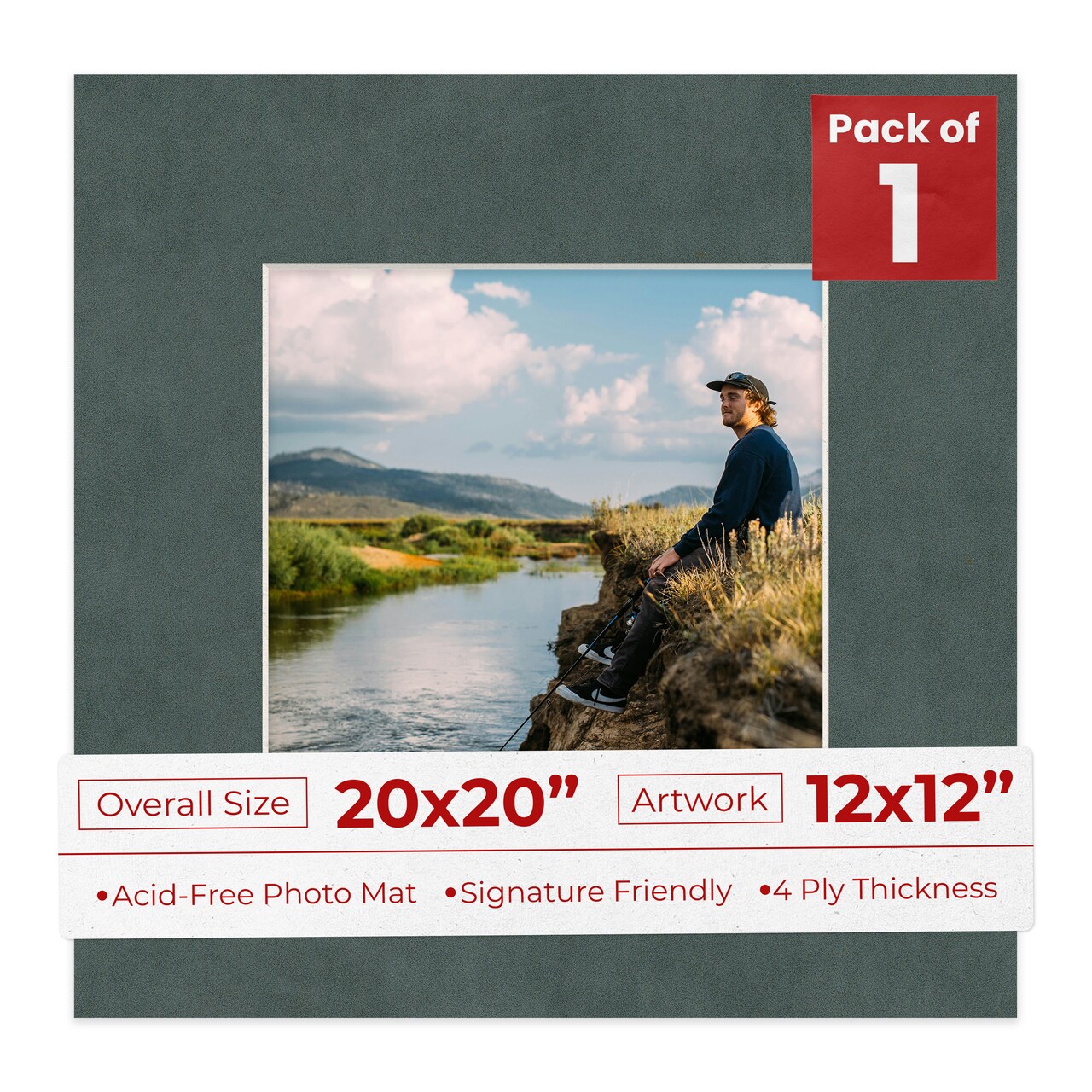 Dark Grey Suede Mat Board for 20x20 Frames - Fits 12x12 Photos